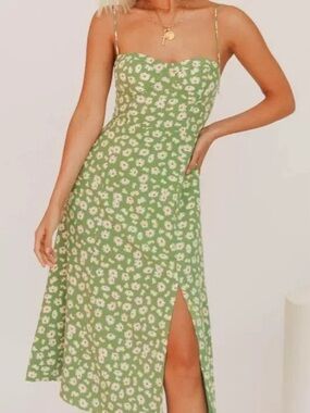 Floral Green Slip Dress with Front Slit